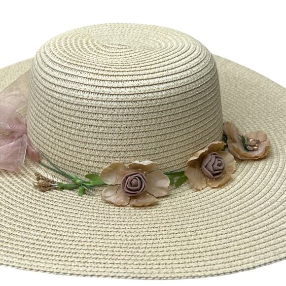 Elegant Flower Straw Hat w/Ribbons - Picture 4 of 7